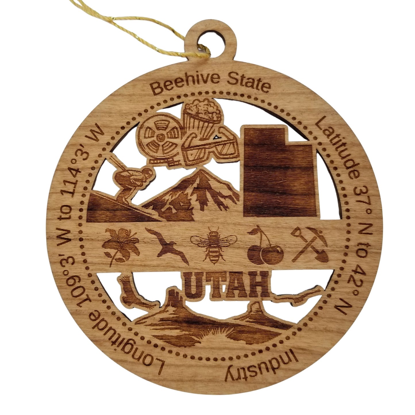 Utah Wood Ornament - UT Souvenir - Handmade Wood Ornament Made in USA State Shape Movie Theater Items Downhill Skiing Mountains Bee Cherry - 15596