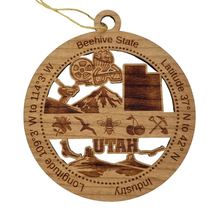 Utah Wood Ornament - UT Souvenir - Handmade Wood Ornament Made in USA State Shape Movie Theater Items Downhill Skiing Mountains Bee Cherry - 15596