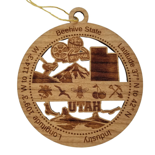 Utah Wood Ornament - UT Souvenir - Handmade Wood Ornament Made in USA State Shape Movie Theater Items Downhill Skiing Mountains Bee Cherry - 15596