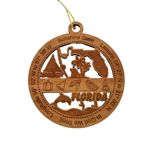 Florida Wood Ornament -  FL Souvenir  - Handmade Wood Ornament Made in USA State Shape Sailboat Fishing Pole Palm Trees Orange Space Shuttle