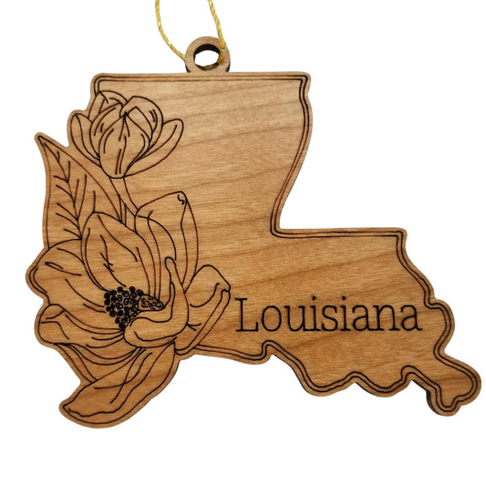 Louisiana Wood Ornament -  LA State Shape with State Flowers Magnolia Blossoms - Handmade in USA - 15558