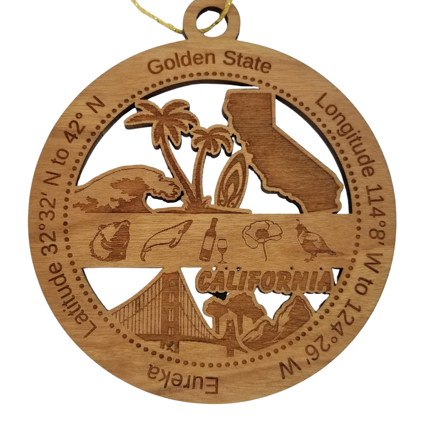 California Wood Ornament - CA Souvenir Handmade in USA State Shape About California - 15622
