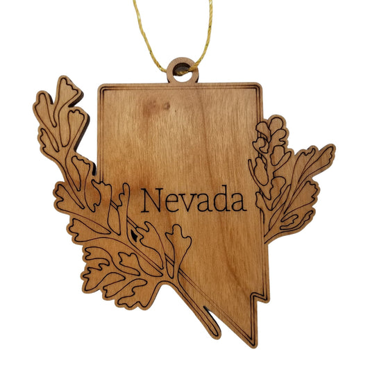 Nevada Wood Ornament -  NV State Shape with State Flowers Big Sagebrush - 15545