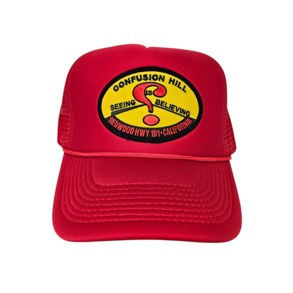 Confusion Hill Oval Patch Red Trucker Mesh Hat or Cap - H1074