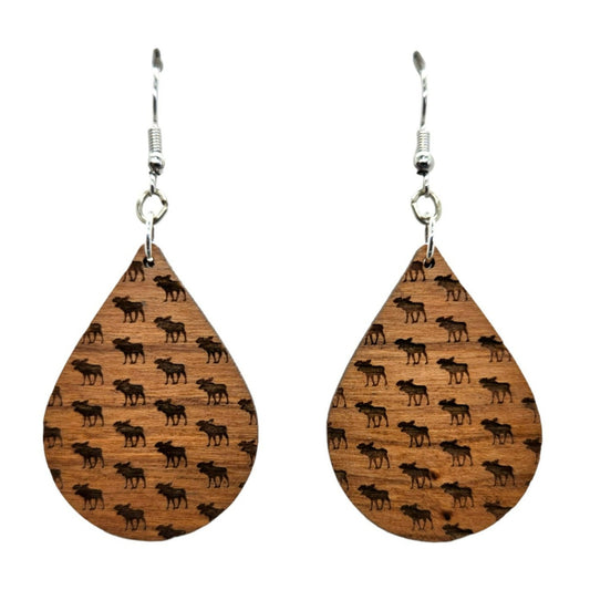 Wood Earrings - Moose Pattern Engraved Teardrop Dangle Earrings - Walking Moose - D36