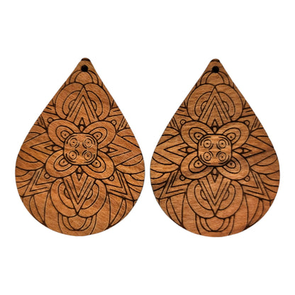 Wood Earrings - Floral Mandala Engraved Teardrop Wood Earrings - Dangle Earrings - Mandala Floral Pattern - D48