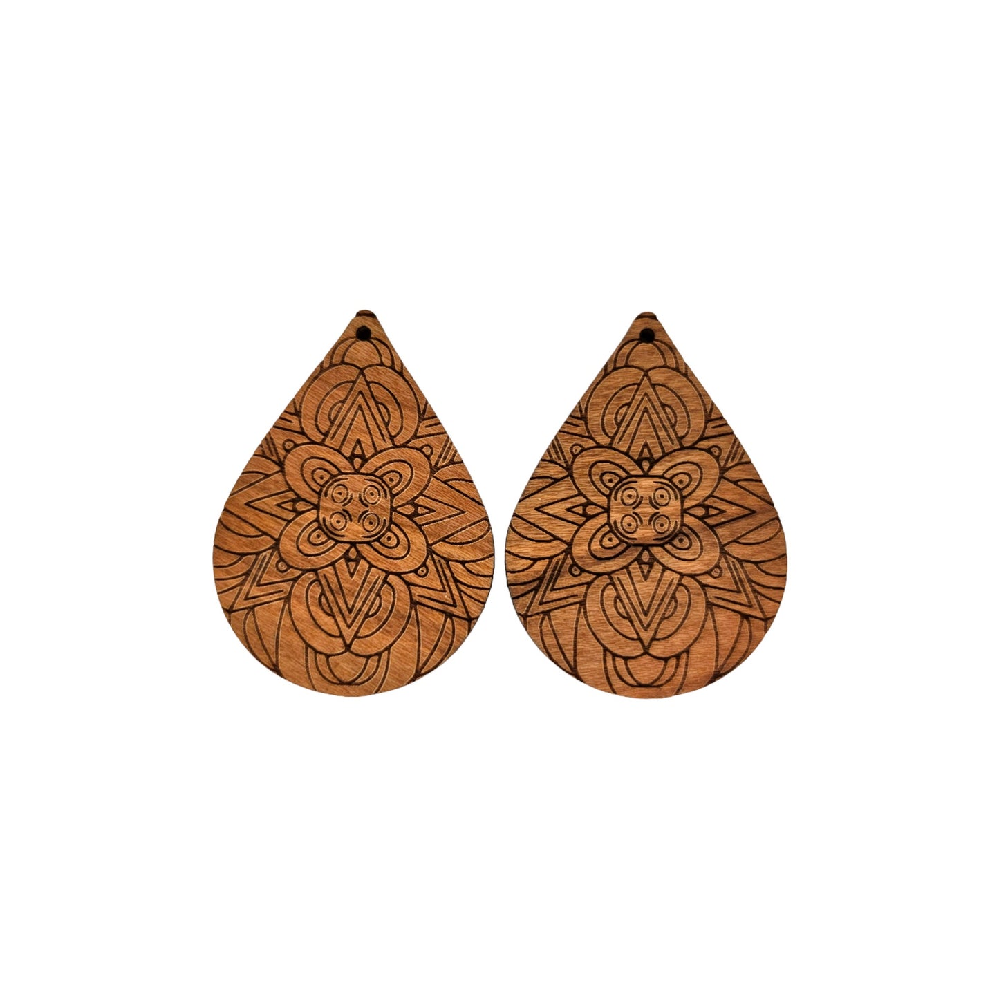 Wood Earrings - Floral Mandala Engraved Teardrop Wood Earrings - Dangle Earrings - Mandala Floral Pattern - D48