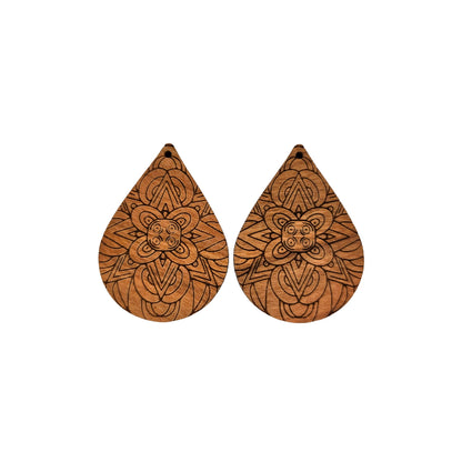 Wood Earrings - Floral Mandala Engraved Teardrop Wood Earrings - Dangle Earrings - Mandala Floral Pattern - D48