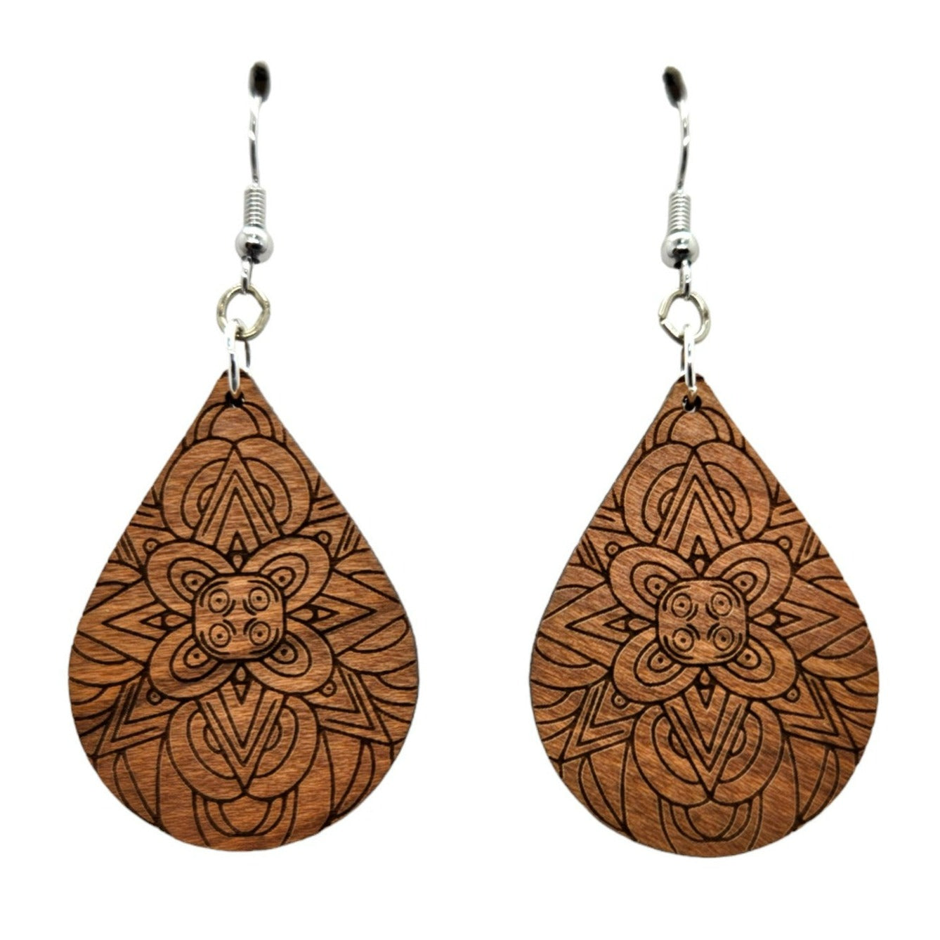 Wood Earrings - Floral Mandala Engraved Teardrop Wood Earrings - Dangle Earrings - Mandala Floral Pattern - D48