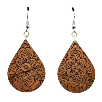 Wood Earrings - Floral Mandala Engraved Teardrop Wood Earrings - Dangle Earrings - Mandala Floral Pattern - D48