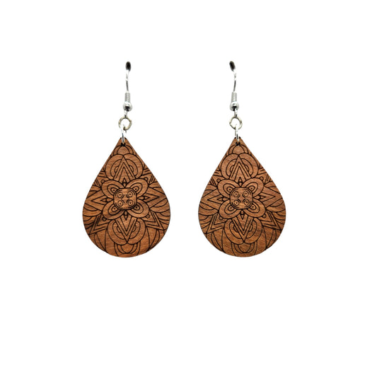 Wood Earrings - Floral Mandala Engraved Teardrop Wood Earrings - Dangle Earrings - Mandala Floral Pattern - D48