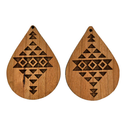 Wood Earrings - Aztec Tribal Boho Lightweight Engraved Teardrop Wood Earrings - Dangle Earrings - D54