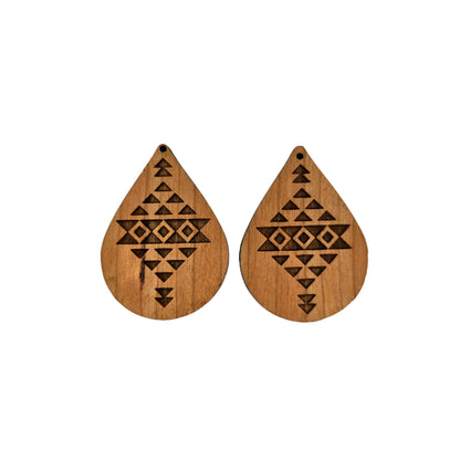 Wood Earrings - Aztec Tribal Boho Lightweight Engraved Teardrop Wood Earrings - Dangle Earrings - D54