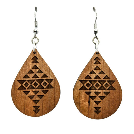 Wood Earrings - Aztec Tribal Boho Lightweight Engraved Teardrop Wood Earrings - Dangle Earrings - D54