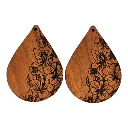 Wood Earrings - Floral Engraved Teardrop Wood Earrings - Dangle Earrings - Gift - Drop Earrings Lightweight D56