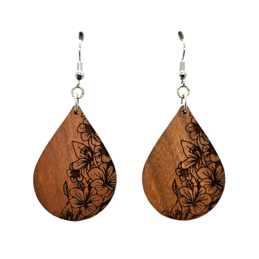 Wood Earrings - Floral Engraved Teardrop Wood Earrings - Dangle Earrings - Gift - Drop Earrings Lightweight D56
