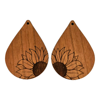 Wood Earrings - Sunflower Flower Floral Engraved Teardrop Wood Earrings - Dangle Earrings - Gift - Drop Earrings Lightweight