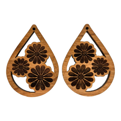 Wood Dangle Earrings - Cutout Teardrop Floral Engraved Trio - D72