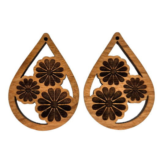 Wood Dangle Earrings - Cutout Teardrop Floral Engraved Trio - D72