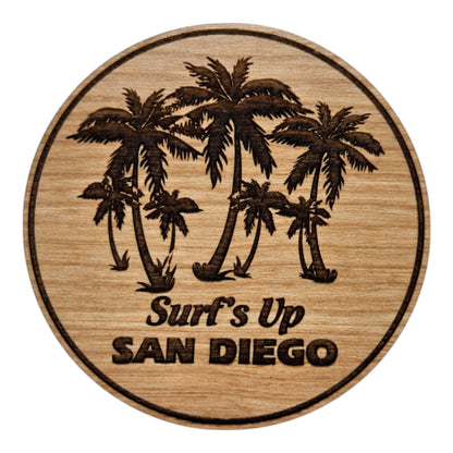 San Diego CA Surfs Up Palm Trees Wood Magnet Souvenir - M15742