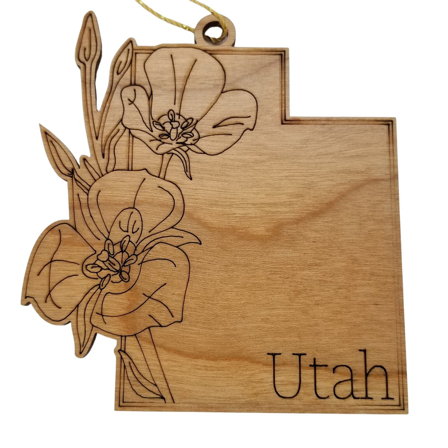 Utah Wood Ornament -  UT State Shape with State Flowers Sego Lily - Handmade Wood Ornament Made in USA Christmas Decor - 15551