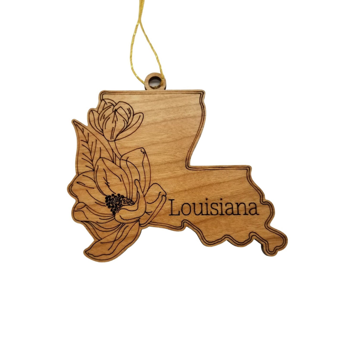Louisiana Wood Ornament -  LA State Shape with State Flowers Magnolia Blossoms - Handmade in USA - 15558
