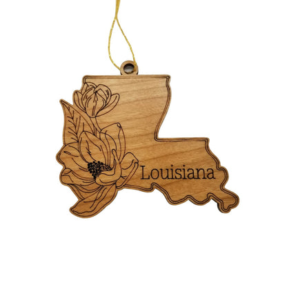 Louisiana Wood Ornament -  LA State Shape with State Flowers Magnolia Blossoms - Handmade in USA - 15558