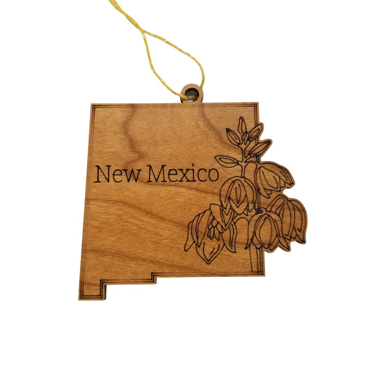 New Mexico Wood Ornament -  NM State Shape with State Flowers Yucca Flower - Handmade in USA - 15540