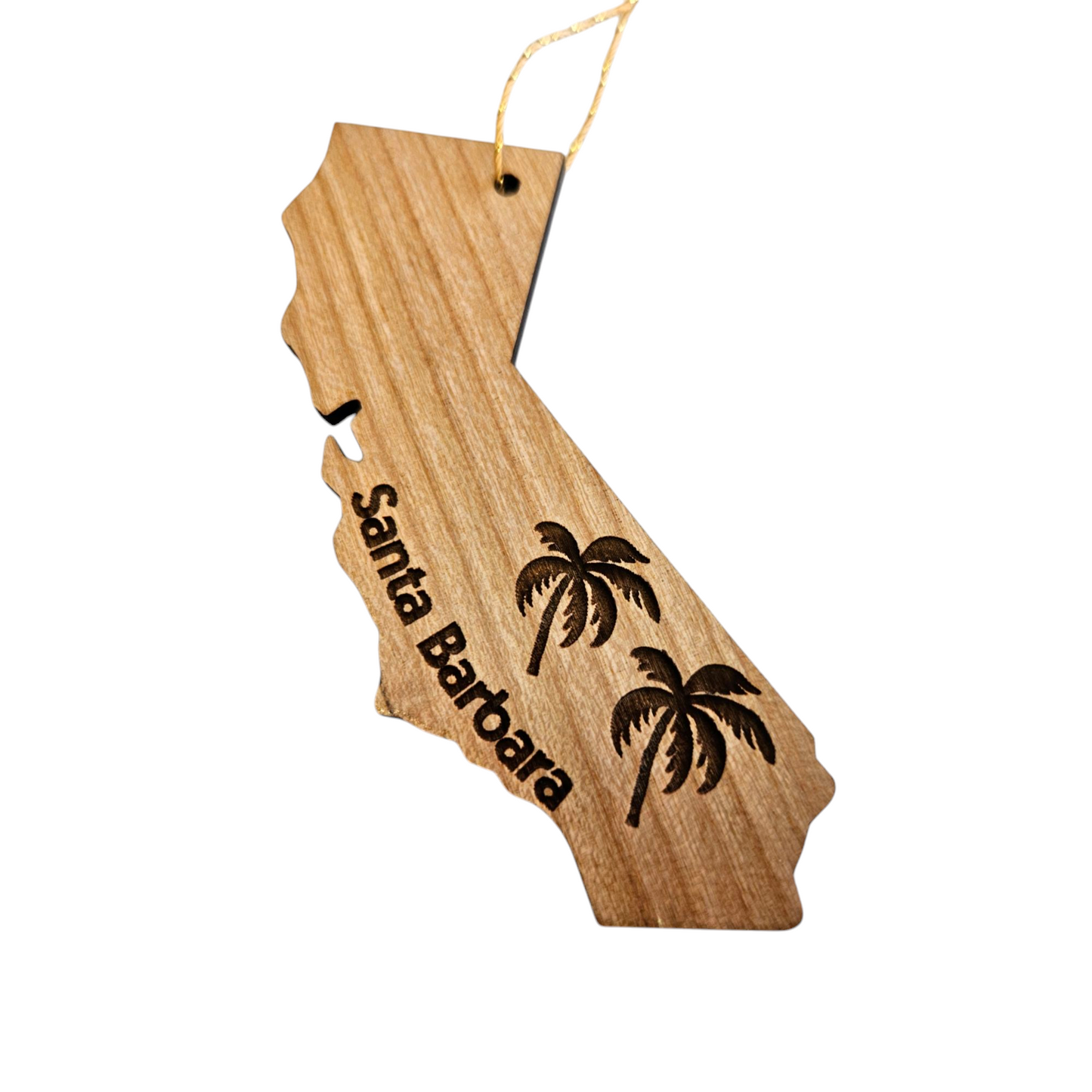 Santa Barbara California Ornament - Handmade in the USA - CA State Shape with Palm Trees -  15780