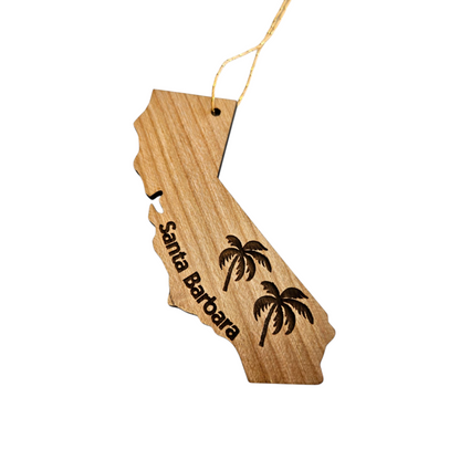 Santa Barbara California Ornament - Handmade in the USA - CA State Shape with Palm Trees -  15780
