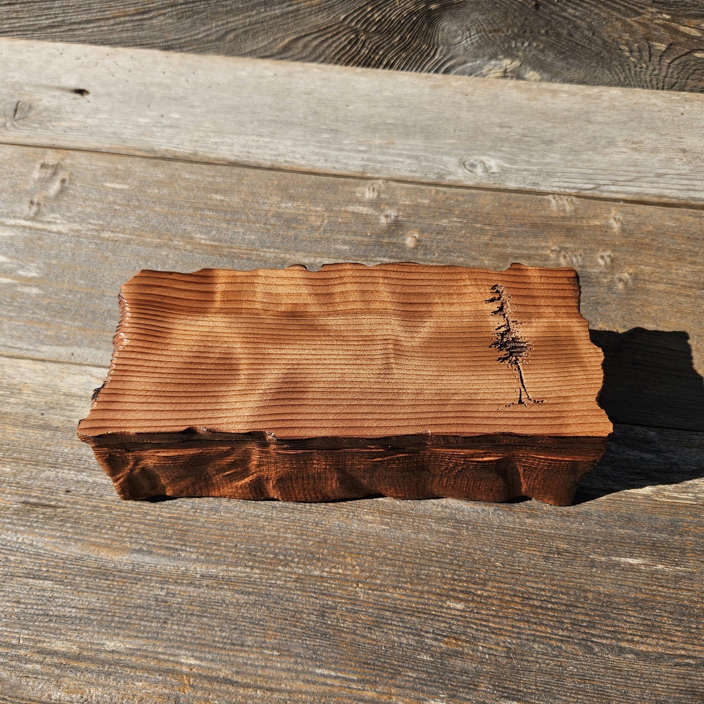 Handmade Wood Box with Redwood Tree Engraved Rustic Handmade Curly Wood #606 California Redwood Jewelry Box Storage Box