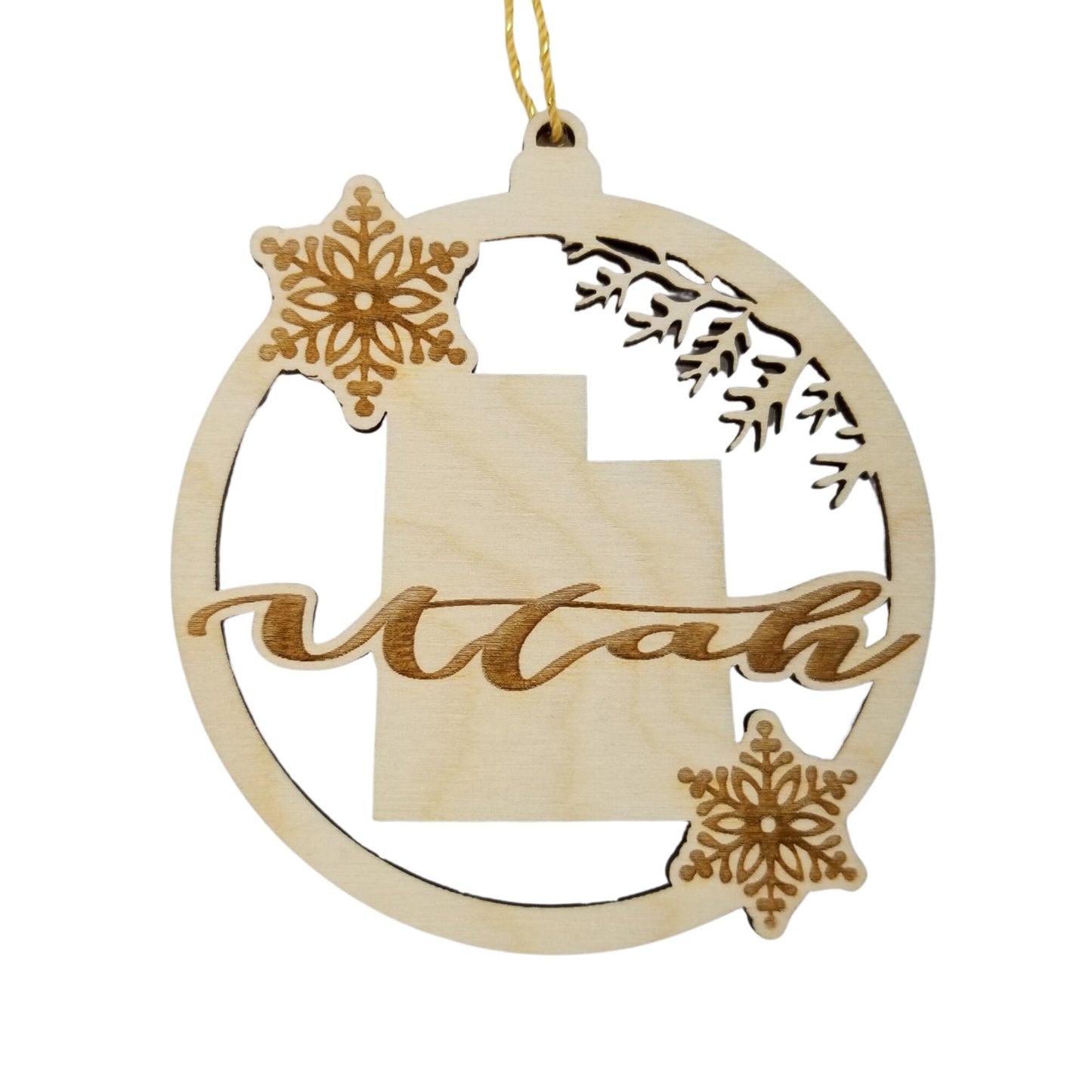 Utah Wood Ornament -  State Shape with Snowflakes UT Cutout - 15409