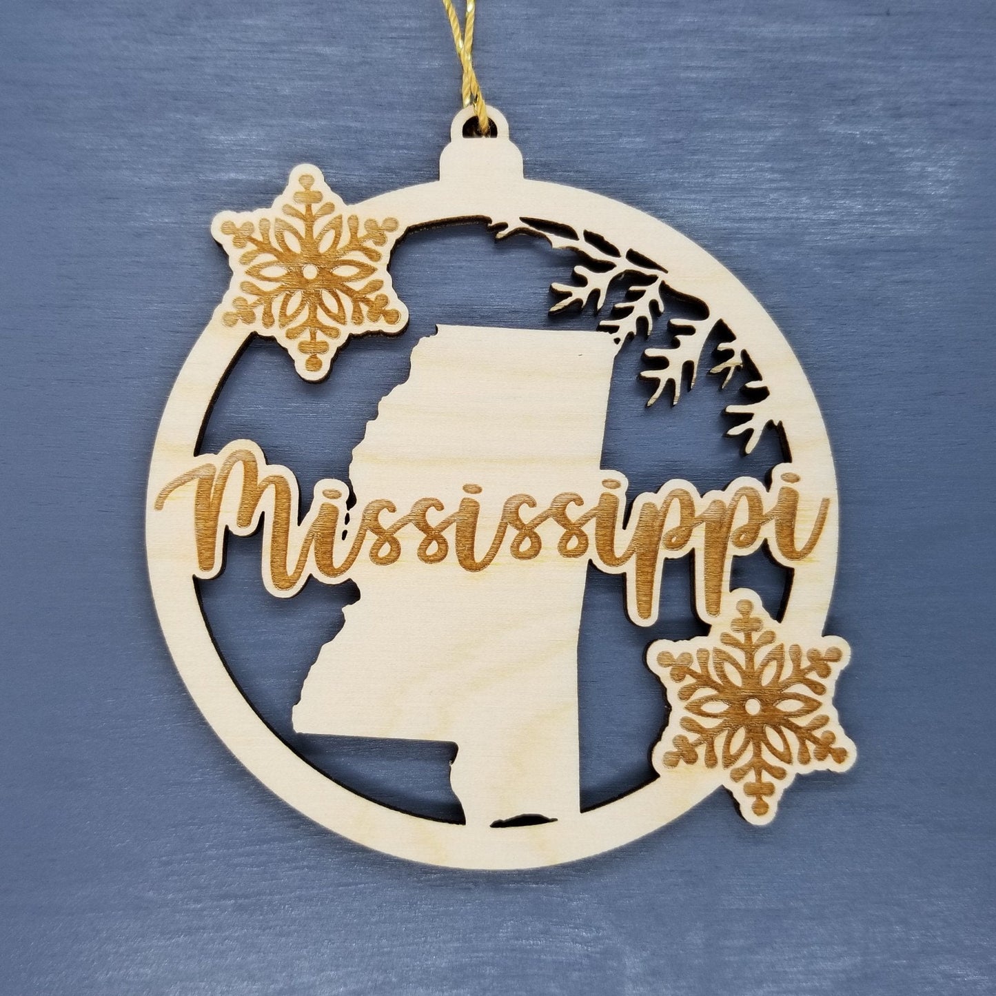 Mississippi Wood Ornament -  MS State Shape with Snowflakes Cutout - Handmade in USA - 15385