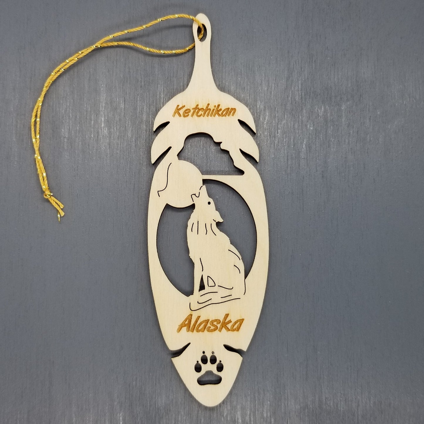 Ketchikan Alaska Wolf Christmas Ornament Wood Handmade in USA Souvenir Memento Feather 5.375" - 15055