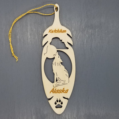 Ketchikan Alaska Wolf Christmas Ornament Wood Handmade in USA Souvenir Memento Feather 5.375" - 15055