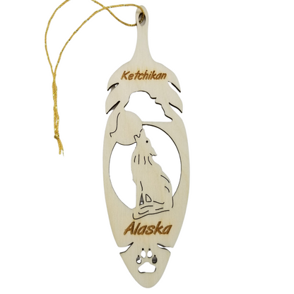 Ketchikan Alaska Wolf Christmas Ornament Wood Handmade in USA Souvenir Memento Feather 5.375" - 15055
