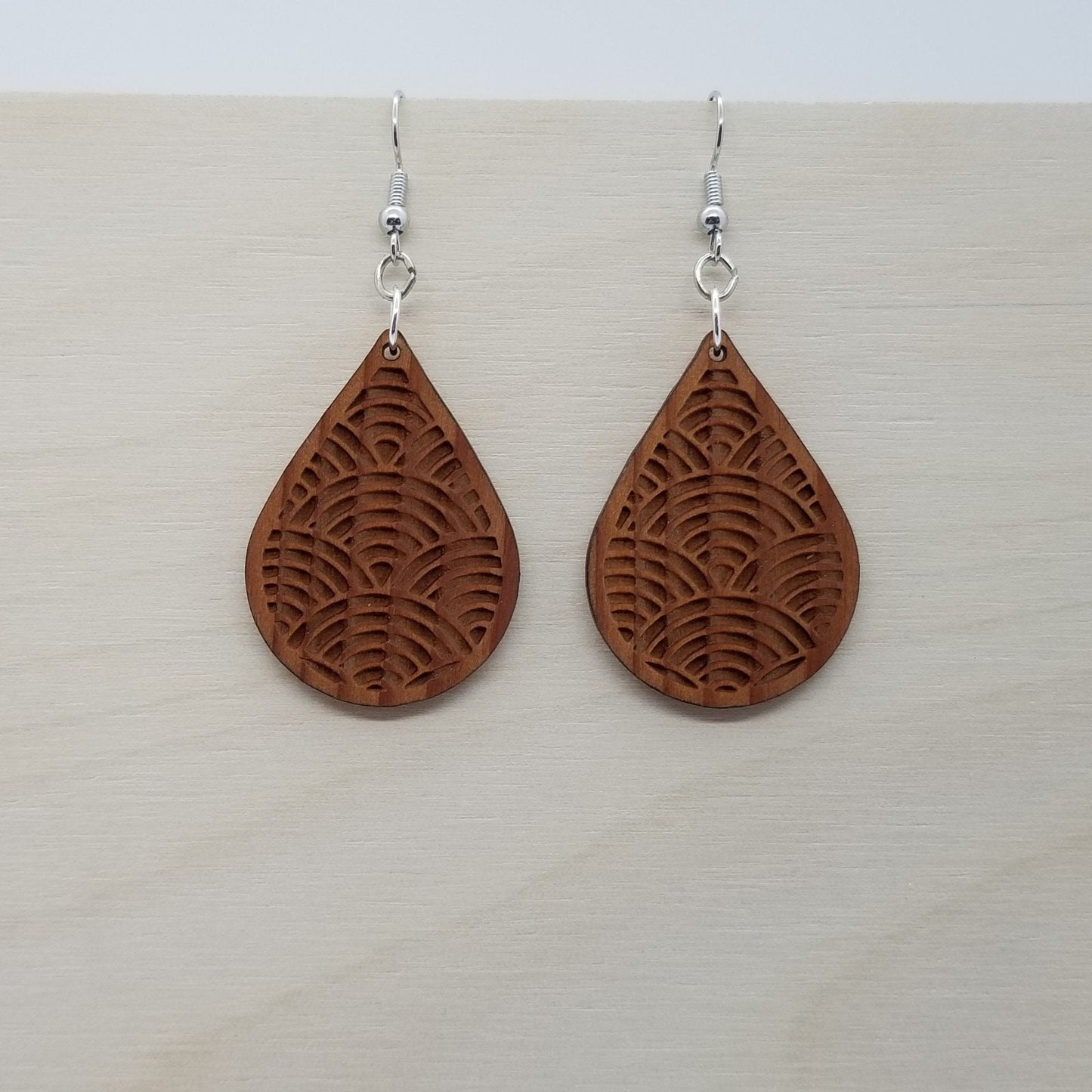 Wood Earrings - Engraved Teardrop Dangle Earrings - D16