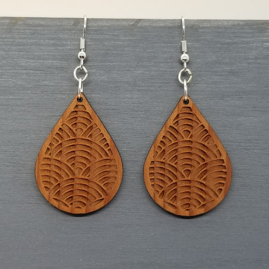 Wood Earrings - Engraved Teardrop Dangle Earrings - D16