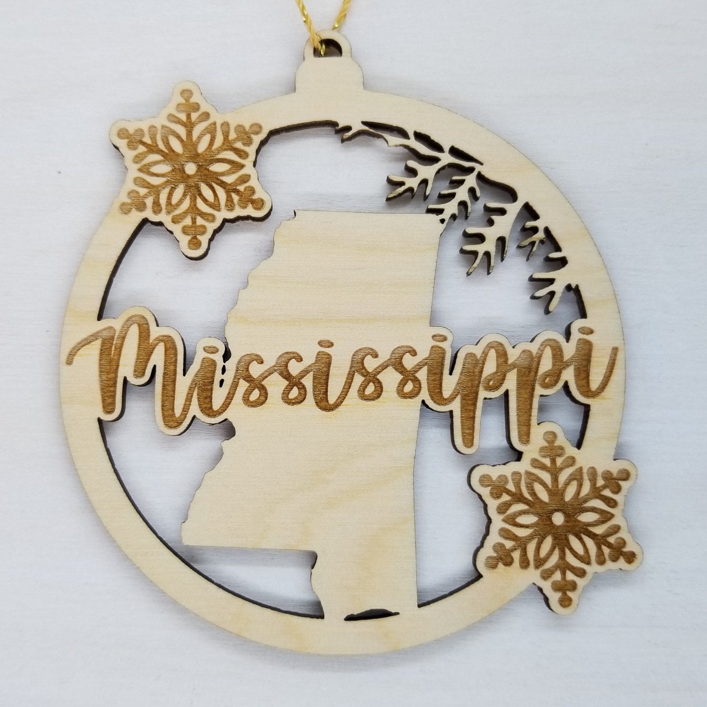 Mississippi Wood Ornament -  MS State Shape with Snowflakes Cutout - Handmade in USA - 15385