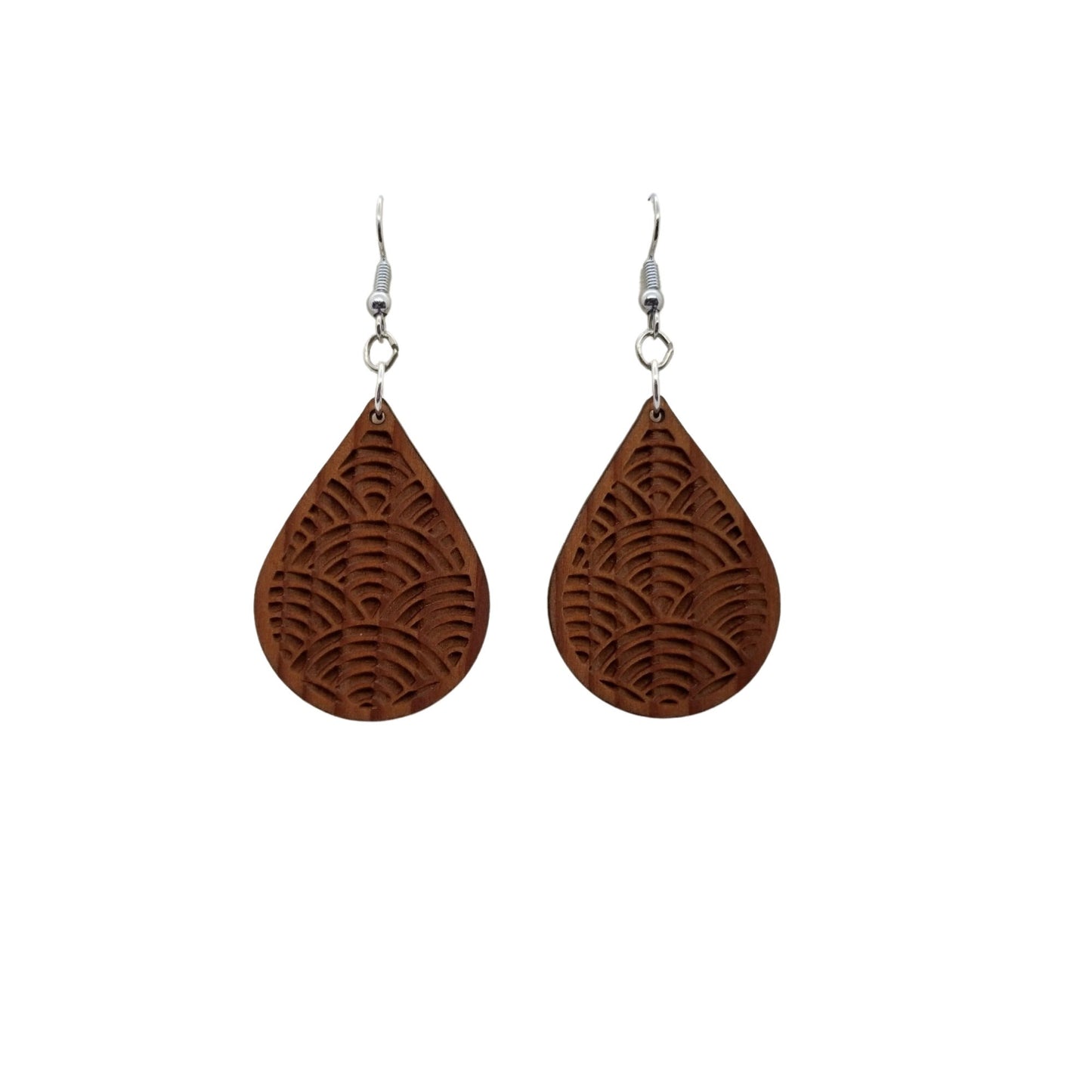 Wood Earrings - Engraved Teardrop Dangle Earrings - D16