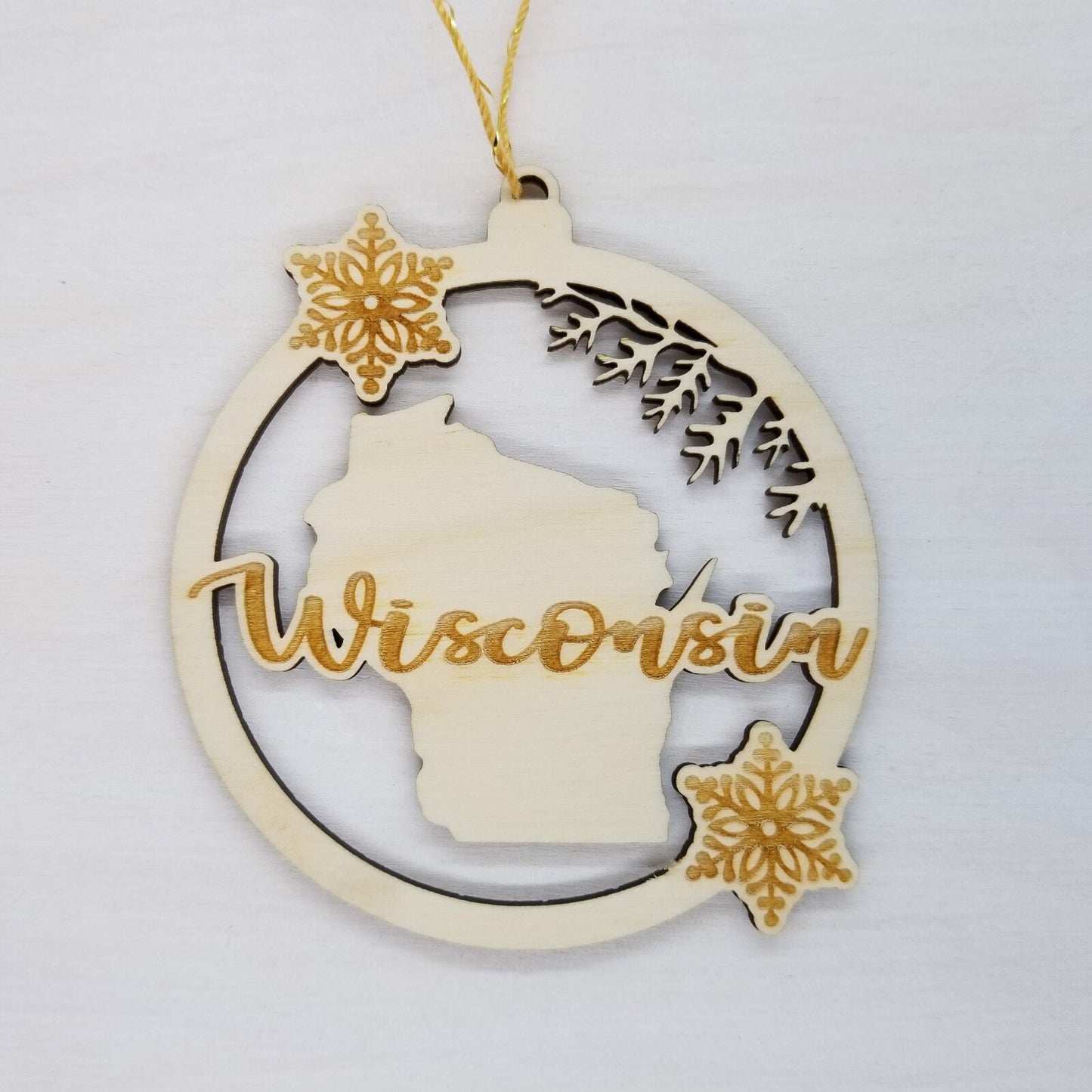 Wisconsin Wood Ornament - WI State Shape with Snowflakes Cutout - 15380