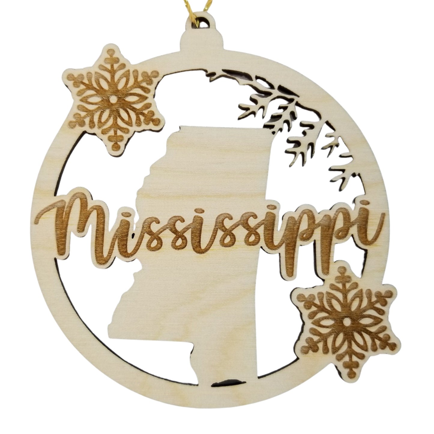 Mississippi Wood Ornament -  MS State Shape with Snowflakes Cutout - Handmade in USA - 15385