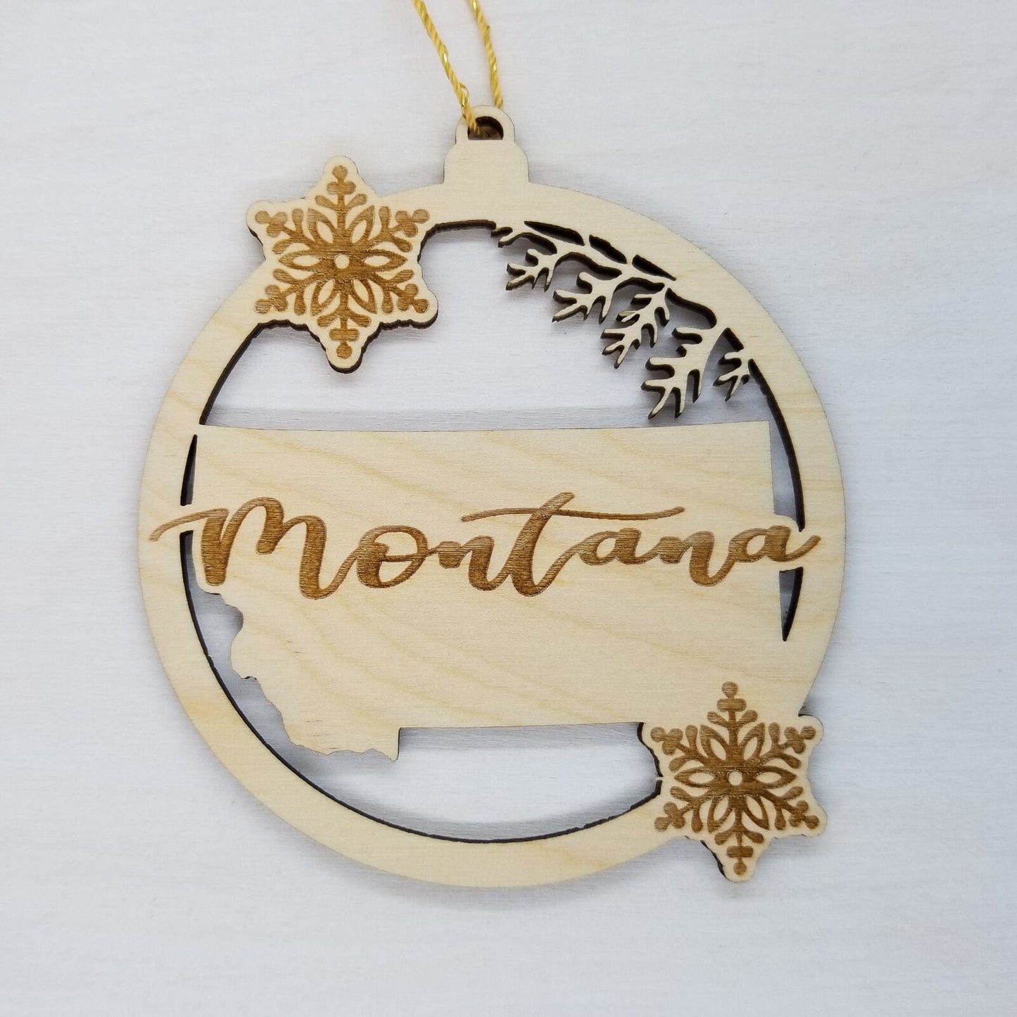 Montana Ornament - State Shape with Snowflakes Cutout MT - Handmade Wood Souvenir - 15433