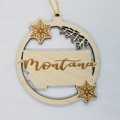 Montana Ornament - State Shape with Snowflakes Cutout MT - Handmade Wood Souvenir - 15433