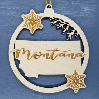 Montana Ornament - State Shape with Snowflakes Cutout MT - Handmade Wood Souvenir - 15433