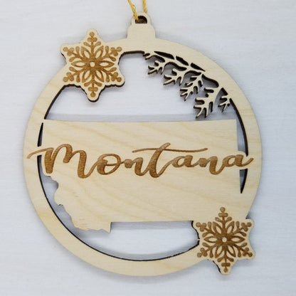 Montana Ornament - State Shape with Snowflakes Cutout MT - Handmade Wood Souvenir - 15433