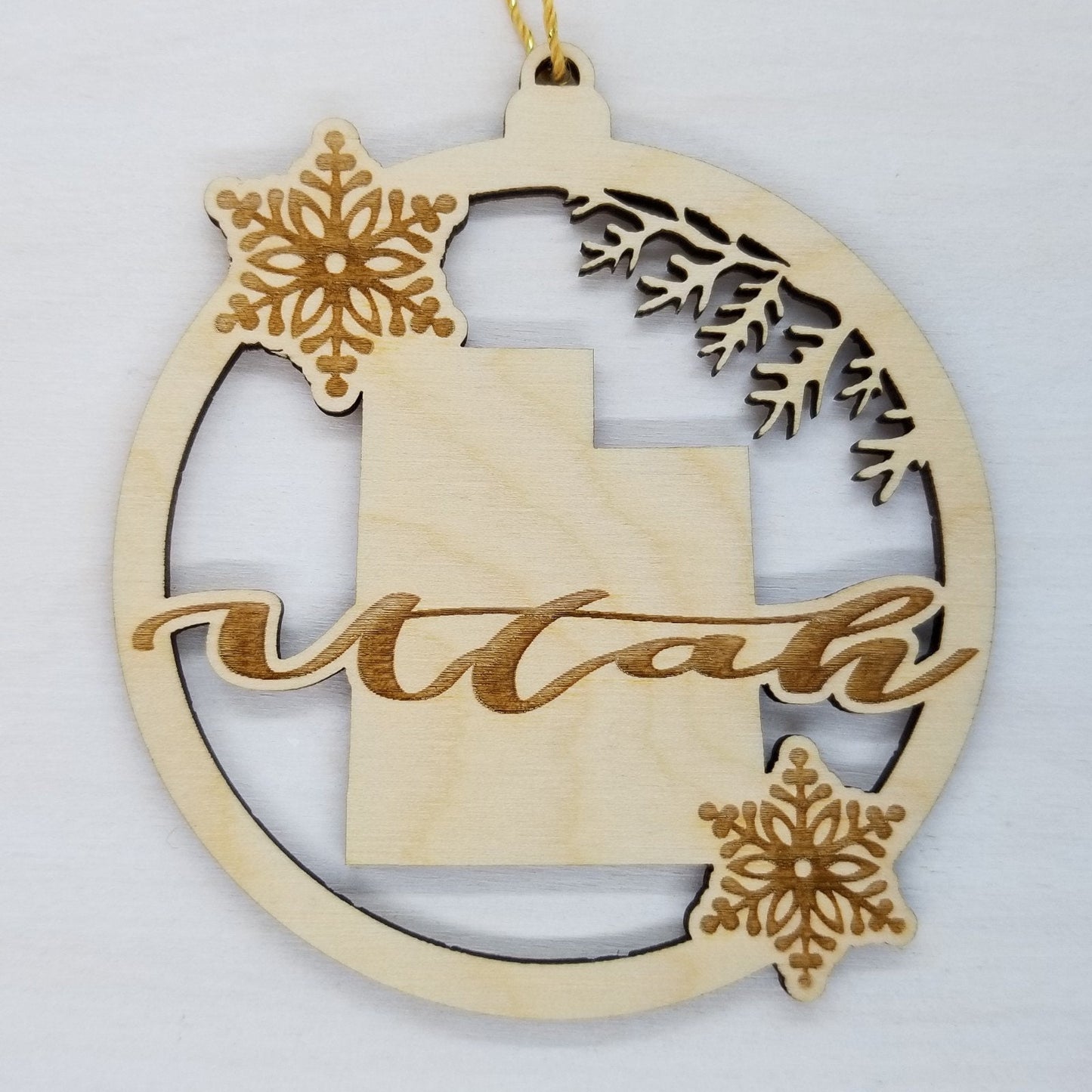 Utah Wood Ornament -  State Shape with Snowflakes UT Cutout - 15409
