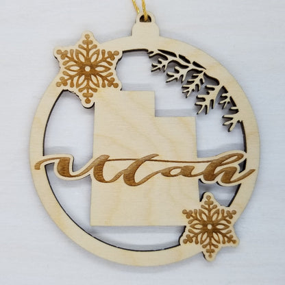 Utah Wood Ornament -  State Shape with Snowflakes UT Cutout - 15409
