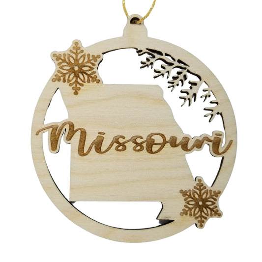Missouri Wood Ornament -  MO State Shape with Snowflakes Cutout - Handmade Souvenir - 15402