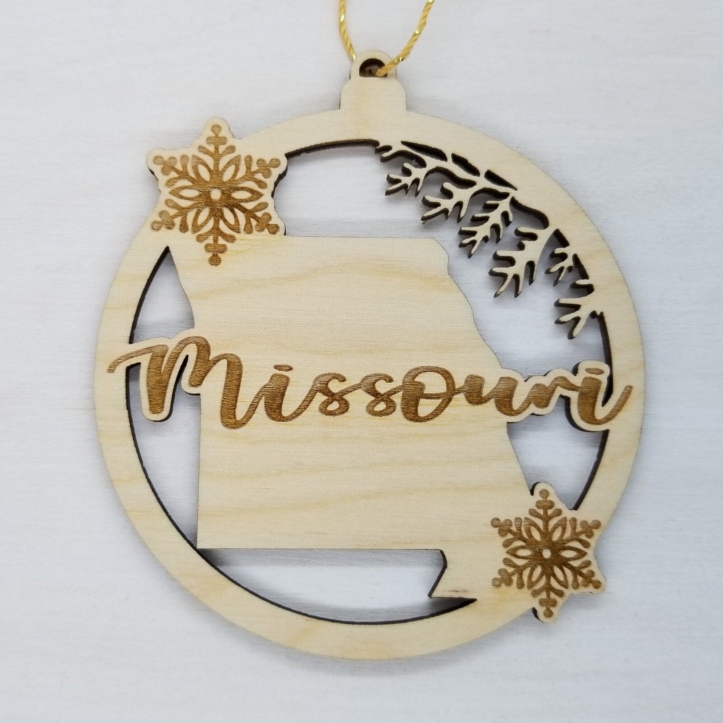 Missouri Wood Ornament -  MO State Shape with Snowflakes Cutout - Handmade Souvenir - 15402